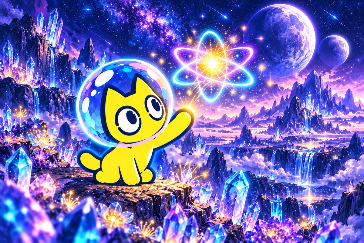 Quantum Paws sitting on a cliff of crystals, reaching for a glowing atom