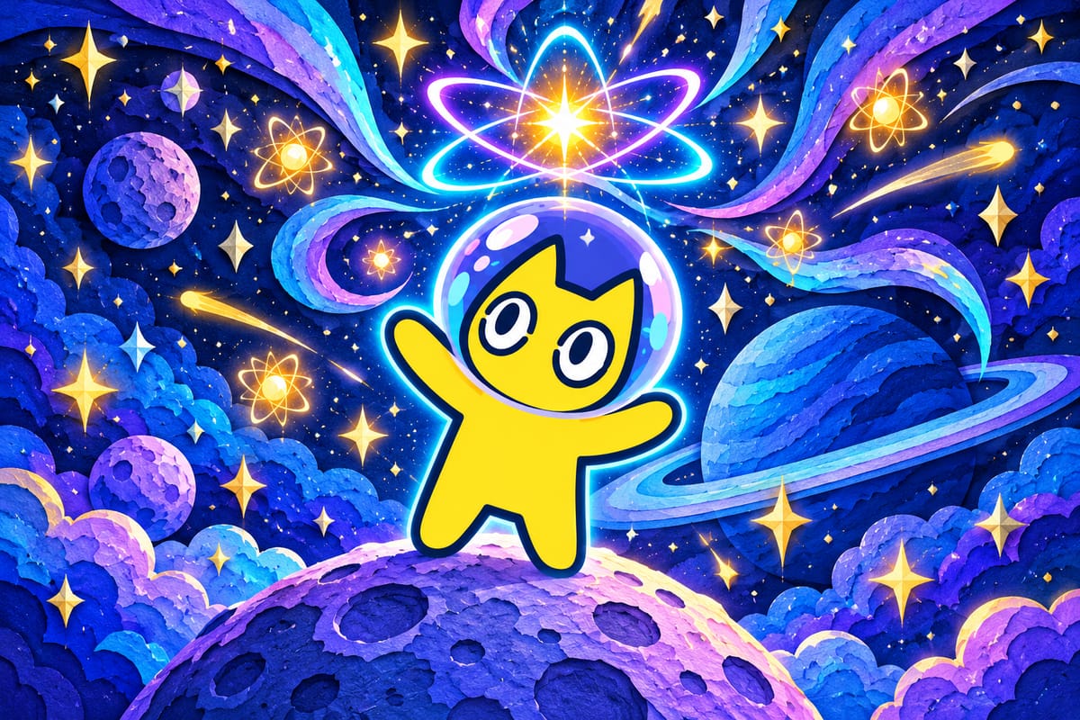 Quantum Paws standing on a moon with arms raised under a glowing atom