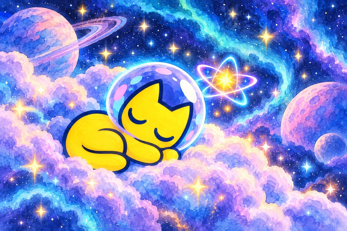 Quantum Paws curled up asleep on pastel clouds among the planets