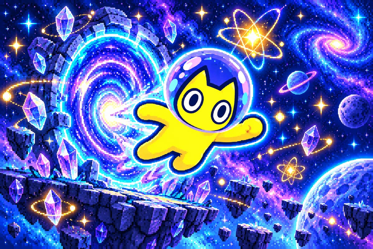 Pixel-art Quantum Paws leaping out of a swirling portal