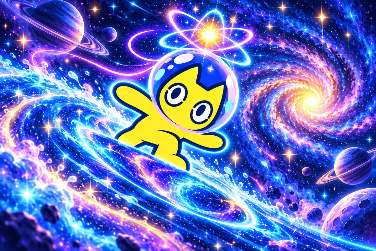 Quantum Paws surfing a wave of glowing stardust past a spiral galaxy